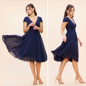 Dress The Population Corey Cap Sleeve V-Neck Chiffon Lace Dress Midnight Blue XS